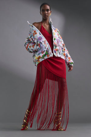 SS25 PUFFER JACKET - FLORAL-BUTTERFLIES PRINTED SEQUINS TEXTILE - Oscar Mendoza