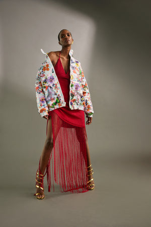 SS25 PUFFER JACKET - FLORAL-BUTTERFLIES PRINTED SEQUINS TEXTILE - Oscar Mendoza