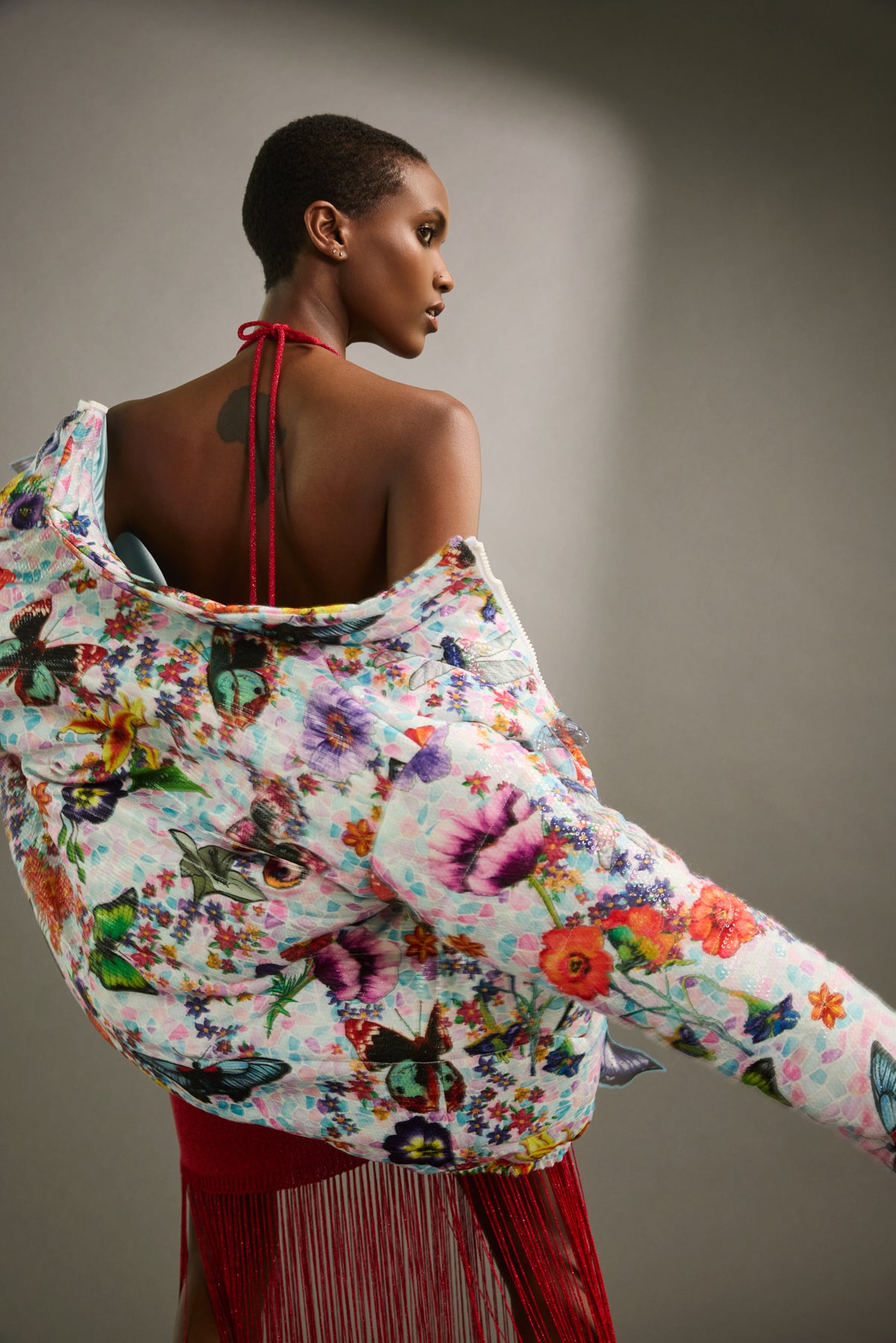 SS25 PUFFER JACKET - FLORAL-BUTTERFLIES PRINTED SEQUINS TEXTILE - Oscar Mendoza