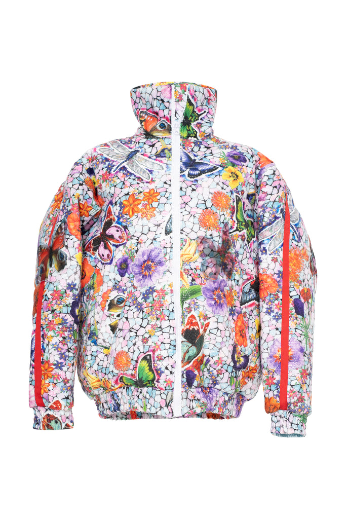 PUFFER JACKET - FLORAL-BUTTERFLIES PRINTED SEQUINS TEXTILE