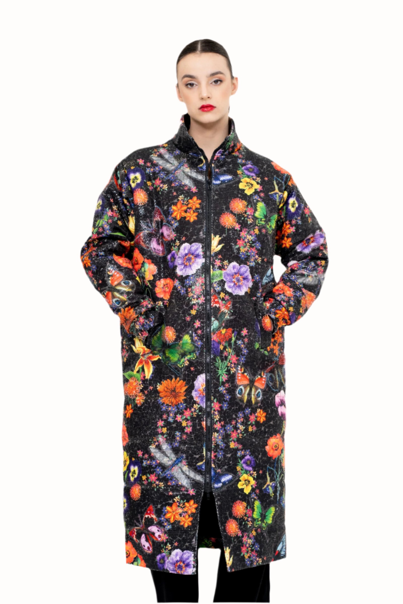 SS25 LONG PRINTED PUFFER - FLORAL & BUTTERFLIES PRINTED SEQUINS TEXTILE - Oscar Mendoza