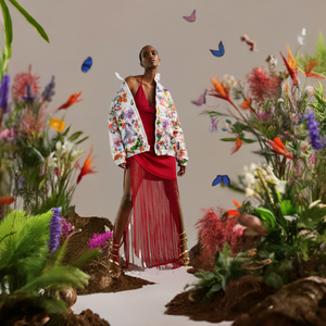 SS25 PUFFER JACKET - FLORAL-BUTTERFLIES PRINTED SEQUINS TEXTILE - Oscar Mendoza