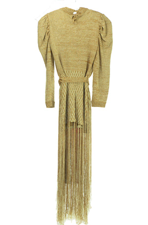EZOTERIA -Knitwear - Gold Knitted Couture Dress with Embellishments and Hand Crocheted Flowers - Oscar Mendoza
