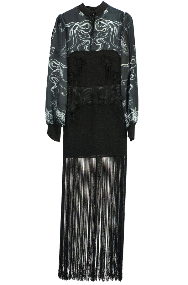 EZOTERIA - Black Mesh Fitted Dress with knitted Appliqué and Crocheted Flowers - Oscar Mendoza
