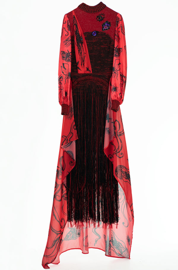 EZOTERIA - Printed Chiffon and Satin Dress with Knitted Bodice and knitted skirt in Fringes - Oscar Mendoza