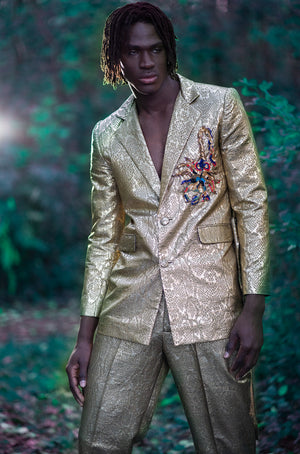 EZOTERIA - Golden Bespoke Suit with Embroidered Scorpio - Oscar Mendoza
