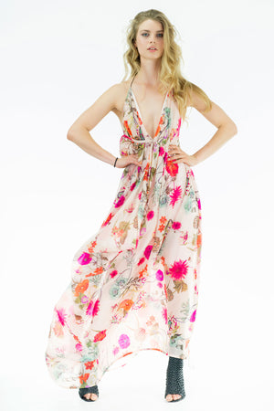 Sonny - Silk Lamé Halter Maxi Dress  - Floral Print - Oscar Mendoza