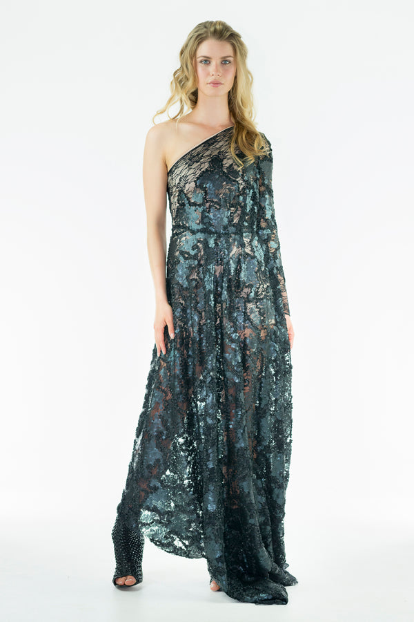 ELANNA - Off Shoulder Sequins and Lace Asymmetrical Gown - Oscar Mendoza
