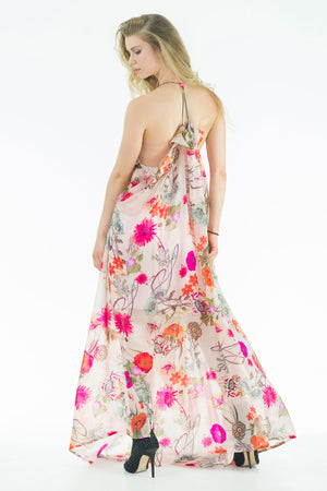 Sonny - Silk Lamé Halter Maxi Dress  - Floral Print - Oscar Mendoza