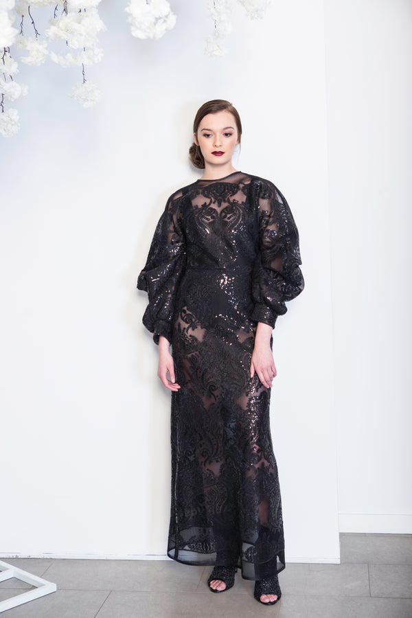 Noreen - See-through Draped Sleeve Sequins Dress - Oscar Mendoza