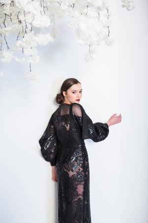 Noreen - See-through Draped Sleeve Sequins Dress - Oscar Mendoza