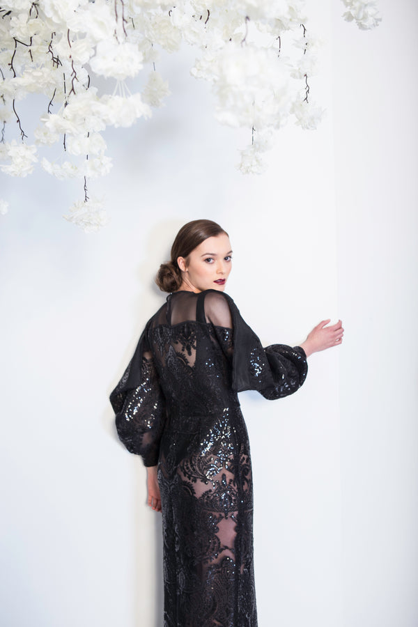 Noreen Sequin Embroidered Black Lace Dress Oscar Mendoza