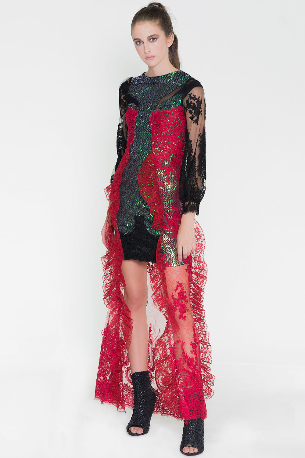 Sirne Dress - Green sequins and Red Lace Couture Dress - Oscar Mendoza Sirne Dress - Green sequins and Red Lace Couture Dress - Oscar Mendoza