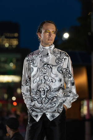 EZOTERIA - Full Octopod and Beast Print on Luxurious Long Tie Collar White Satin Dress-ShIrt - Oscar Mendoza