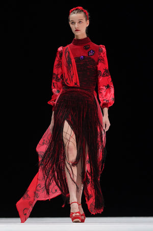 EZOTERIA - Printed Chiffon and Satin Dress with Knitted Bodice and knitted skirt in Fringes - Oscar Mendoza