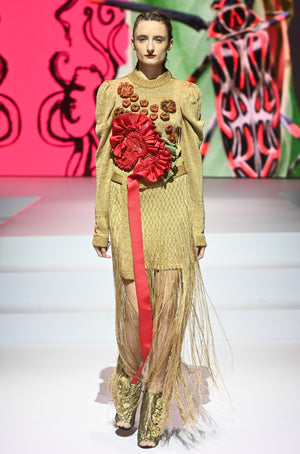 EZOTERIA -Gold Knitted Couture Dress with Embellishements and Hand Crocheted Flowers - Oscar Mendoza