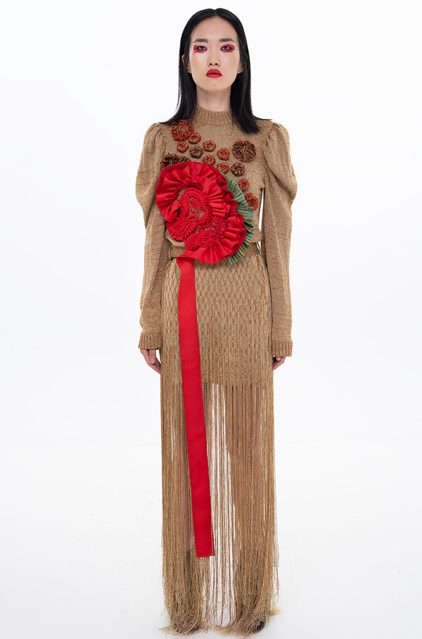 EZOTERIA -Knitwear - Gold Knitted Couture Dress with Embellishments and Hand Crocheted Flowers - Oscar Mendoza