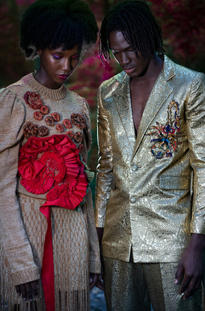 EZOTERIA - Golden Bespoke Suit with Embroidered Scorpio - Oscar Mendoza