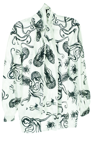 EZOTERIA - Full Octopod and Beast Print on Luxurious Long Tie Collar White Satin Dress-ShIrt - Oscar Mendoza