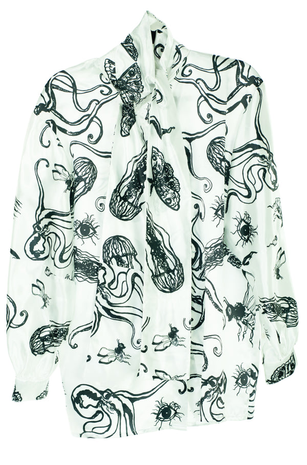 EZOTERIA - Full Octopod and Beast Print on Luxurious Long Tie Collar White Satin Dress-ShIrt - Oscar Mendoza