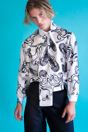EZOTERIA - Full Octopod and Beast Print on Luxurious Long Tie Collar White Satin Dress-ShIrt - Oscar Mendoza